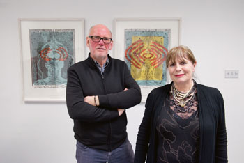Susan Aldworth and Andrew Carnie in front of their prints from the Enlightened series. Monotypes, 2015. Photograph by Colin Davison.